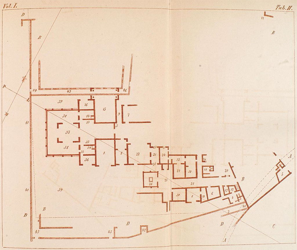HGW06 Pompeii. Villa of Cicero Plan. HGW06 Pompeii. Villa di Cicerone or Villa of Cicero. Plan c. 1778 by Francesco La Vega outlining the 46 areas described in the excavation report.
According to PAH, in the Giornale degli Scavi 1763-1790 of Francesco La Vega this was the “Casa pseudurbana poco distante dalla Porta della città, e relativamente alla stessa città verso occidente *. Resta tal fabbrica nel podere del Monastero de'PP. Celestini della Torre dell'Annunziata, censito ad Ignazio Russo, altramente Balzano”.
Questa casa vien detta volgarmente villa di Cicerone. Fu scavata e poi ricoperta. Veggansi i rapporti dell'Alcubierre sugli scavi della Civita in gennaio 1749.
See Fiorelli G., 1860. Pompeianarum antiquitatum historia, Vol. 1: 1748 - 1818, Naples, pp. 102-110, Tab II.